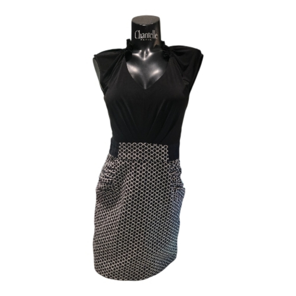 Mini Dress Black Top Vneck Gathered At Collar White Skirt With Black Design.